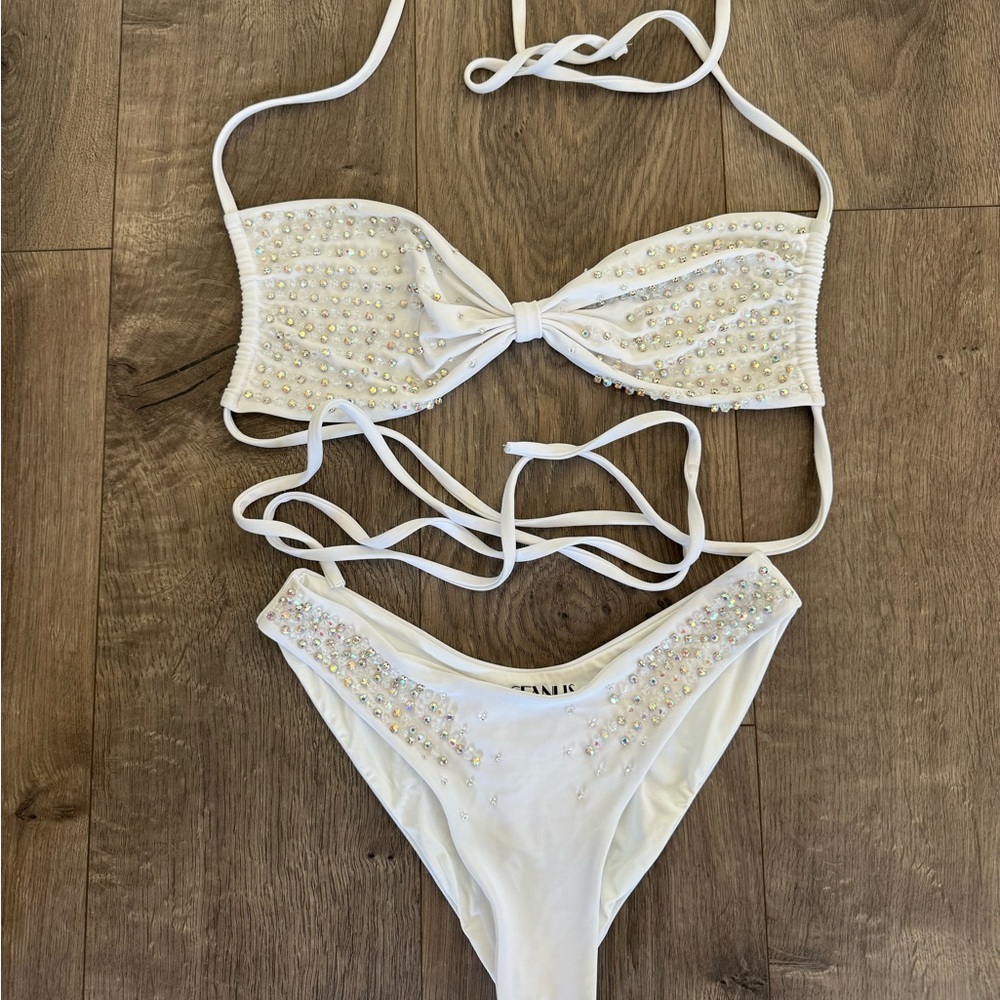 Elegant White Bikini with Pearl Accents